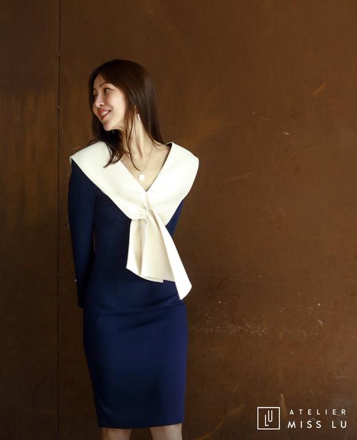 AtelierMissLu / Niecy-藏青拼白褶皱装饰连身裙 商品图2