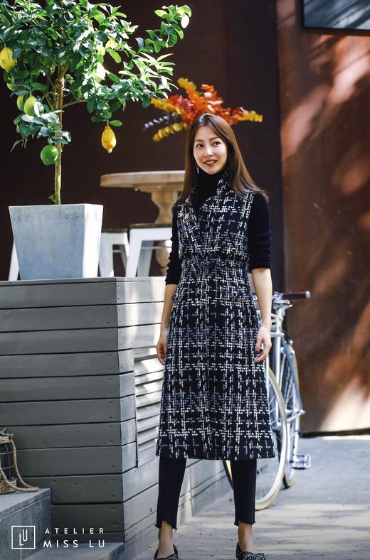 AtelierMissLu / Odete-黑白粗呢格修身长马甲 商品图2