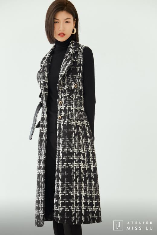 AtelierMissLu / Odete-黑白粗呢格修身长马甲 商品图9