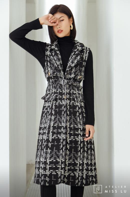 AtelierMissLu / Odete-黑白粗呢格修身长马甲 商品图13