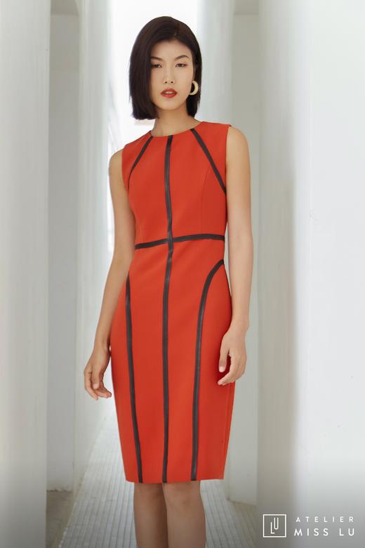 AtelierMissLu / Rosa-枫叶红黑边装饰修身连身裙 商品图10