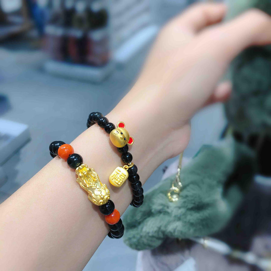 999千足金小金鼠小福牌搭配6.5mm猫眼黑曜石手串