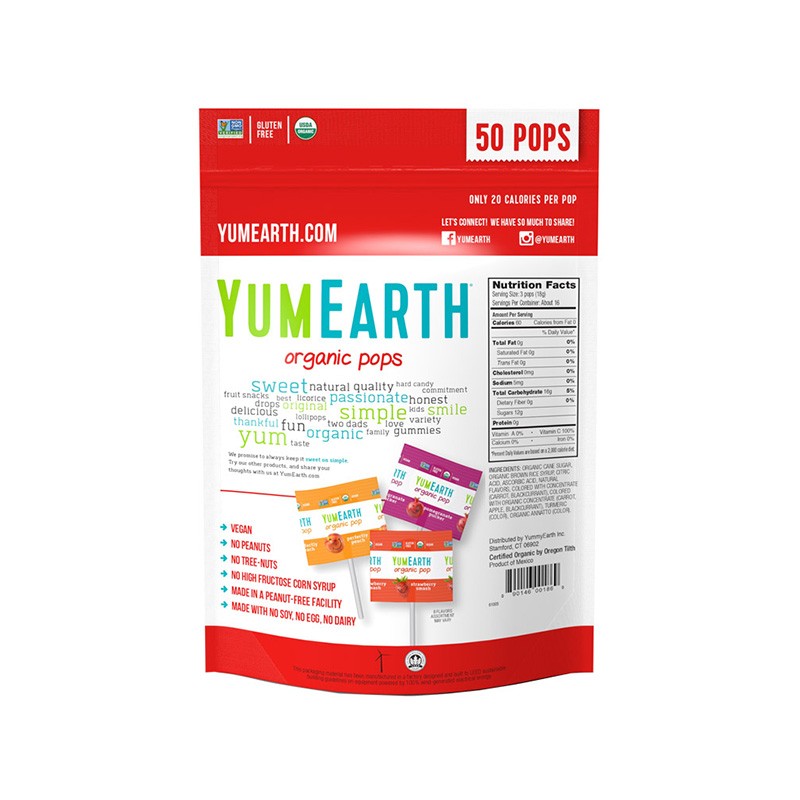 YUMMYEARTH/牙米滋 综合水果味棒棒糖 348.7G 优选有机种植水果,不含人工添加剂、人工色素,无防腐剂,无过敏物质,安全更健康。 八种口味棒棒糖,酸甜可口,让宝宝更多选择,爱不释手