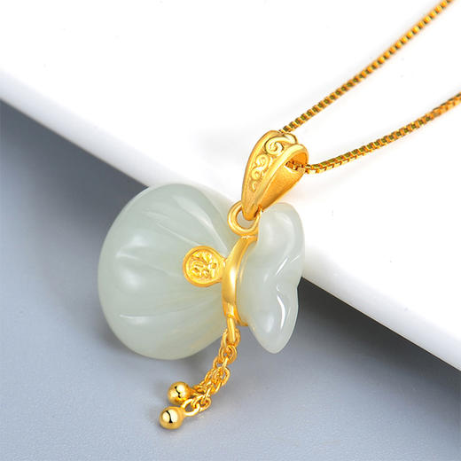 中银金行金镶玉福袋吊坠女足金黄金吊坠和田玉挂坠赠银项链黄金镶和田