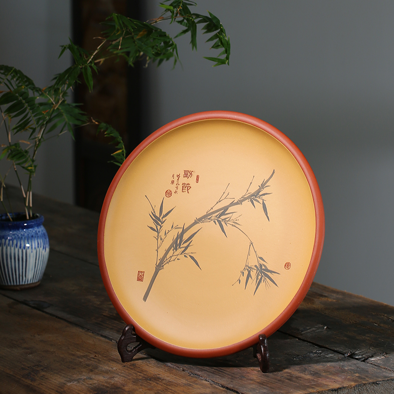 紫砂挂盘底槽青粉浆,彩绘"梅兰竹菊"四款.