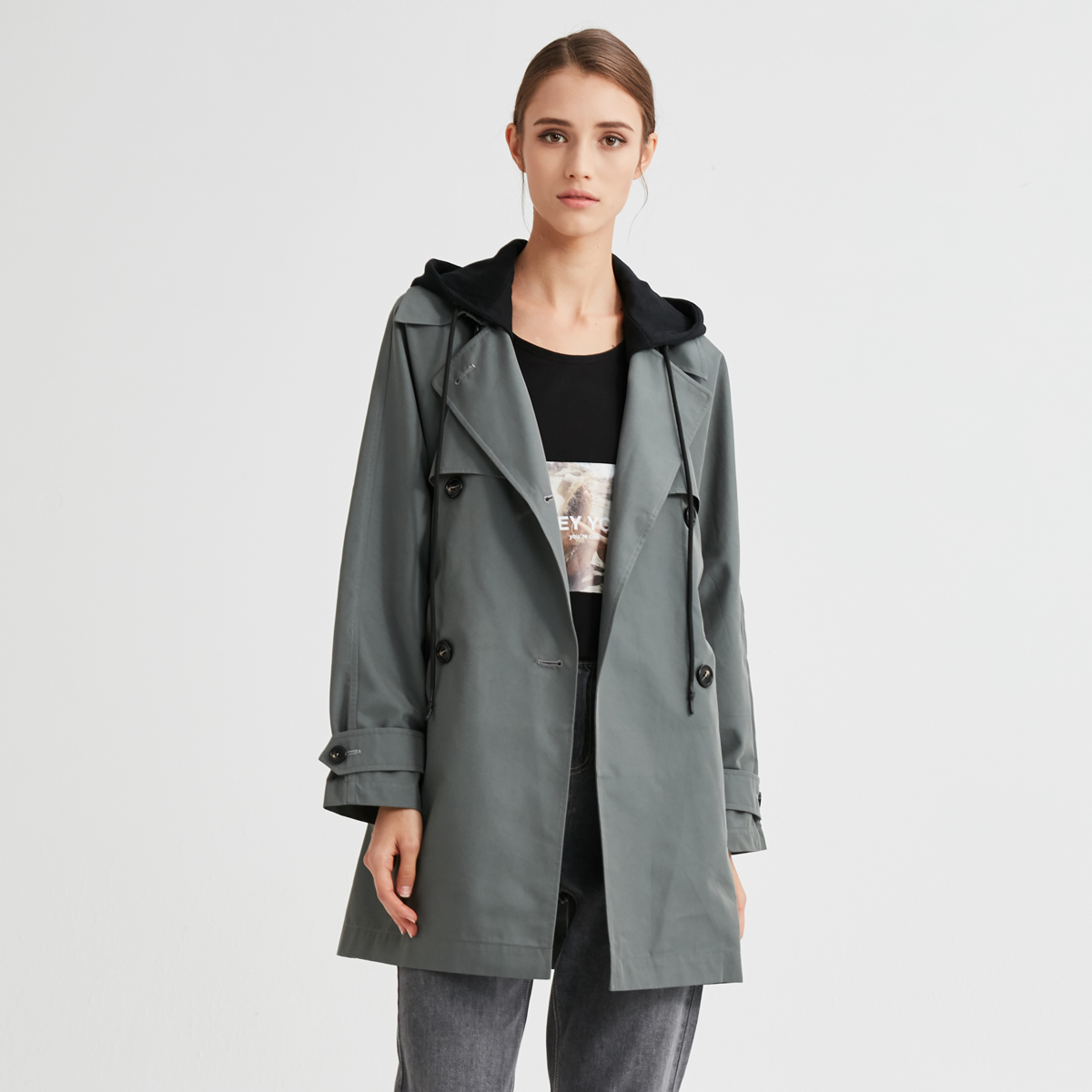 水淼大码女装2020春装新款胖妹妹mm风衣韩版宽松显瘦连帽外套6294