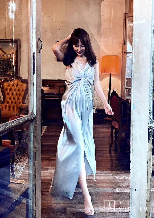 AtelierMissLu /Asteria-翡冷翠蓝绿色带褶修身长款晚礼服背部装饰带 商品图2