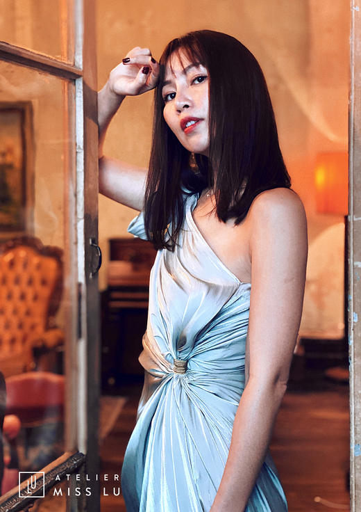 AtelierMissLu / Aphrodite-翡冷翠蓝绿色高腰开叉露肩短款连衣裙 商品图0