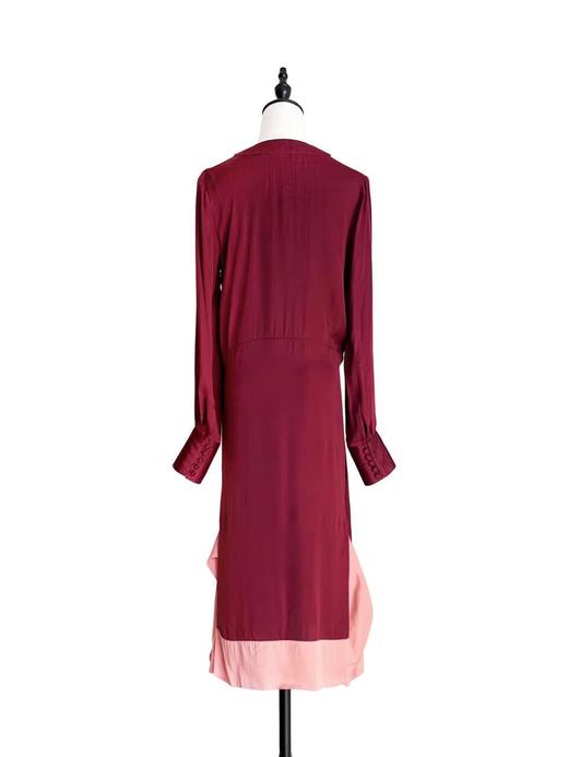 TYNVIE 复古宫廷袖拼色裙摆V领连衣裙 - 酒红拼三文鱼橘 商品图3