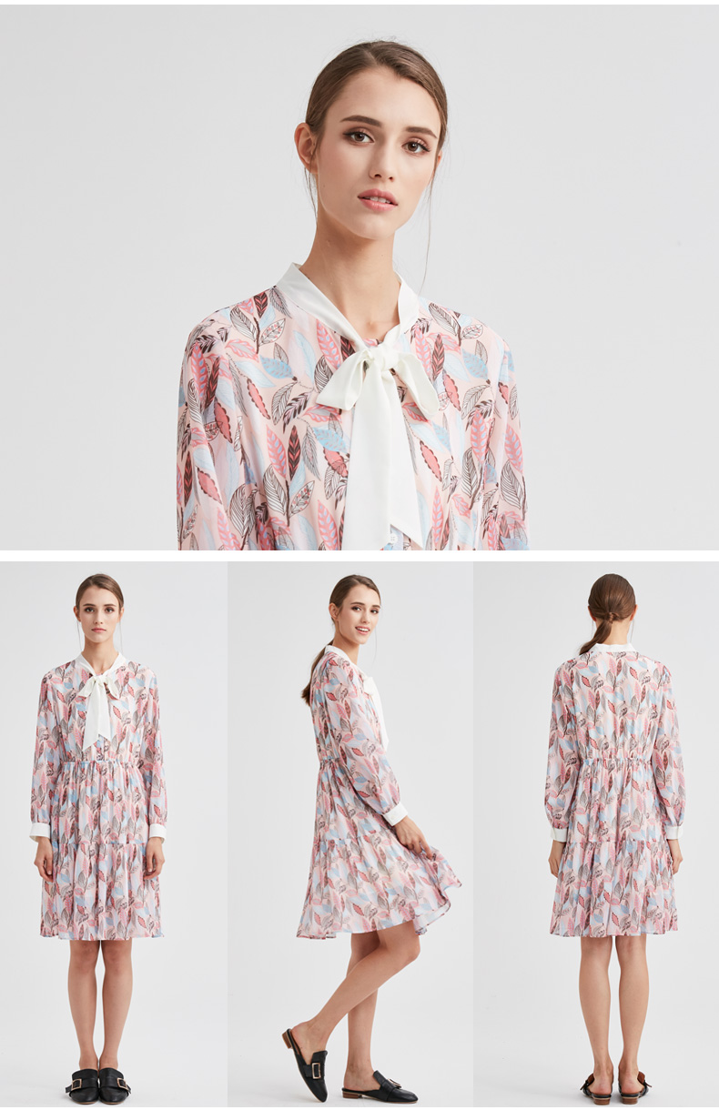 水淼大码女装2020新款春装胖mm宽松显瘦雪纺蝴蝶结撞色连衣裙6501