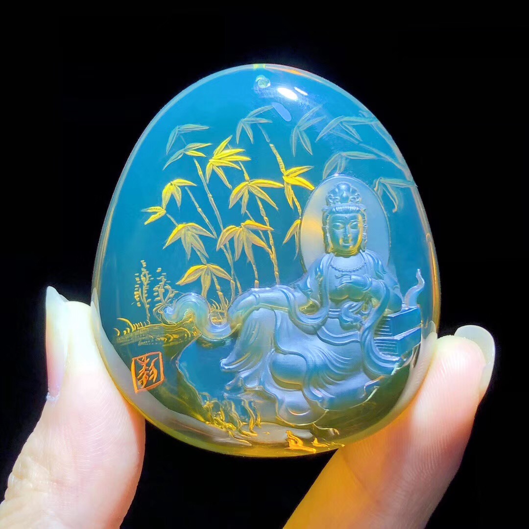 【墨西哥蓝珀阴雕观音】观音衣带轻盈,仙气十足,修身养性,普渡众生.