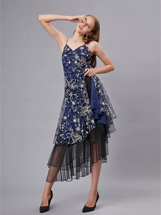 深蓝星空绣花黑网纱长款吊带连衣裙 商品图2