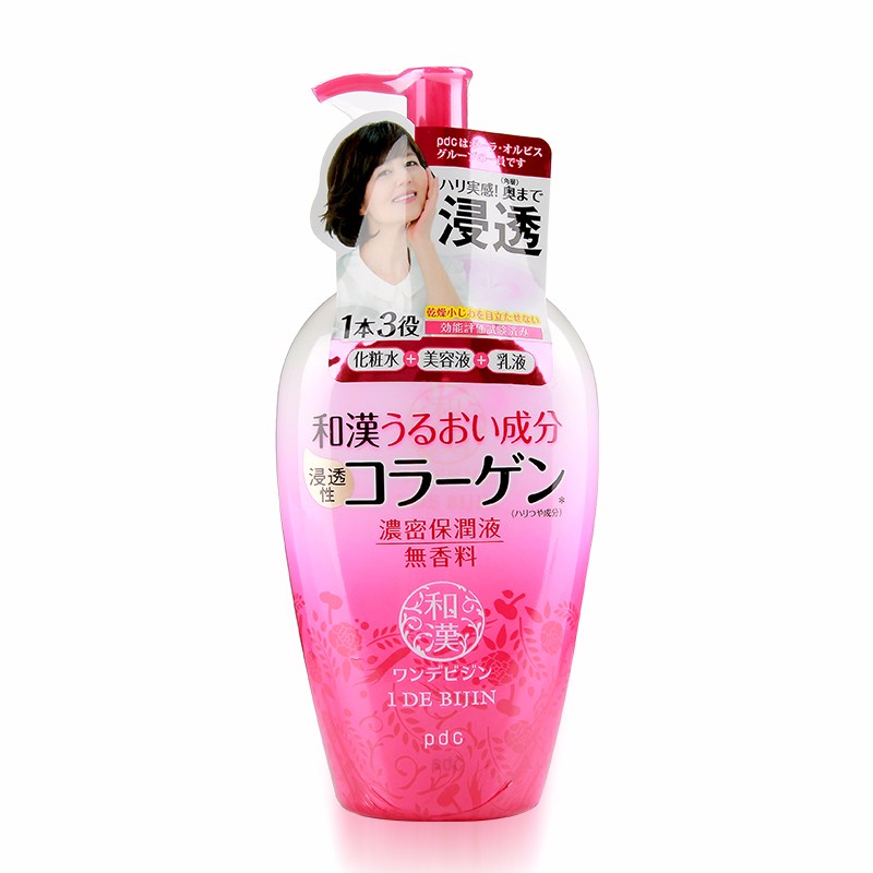 PDC/碧迪皙 1 DE BIJIN 浓密保湿液 240ML    一瓶浓缩化妆水、精华与乳液三大功效，浓密抗衰配方，使用和汉多种美肌成分与渗透型胶原蛋白，渗入肌肤角质层，水润保湿肌肤，对抗干燥小细纹