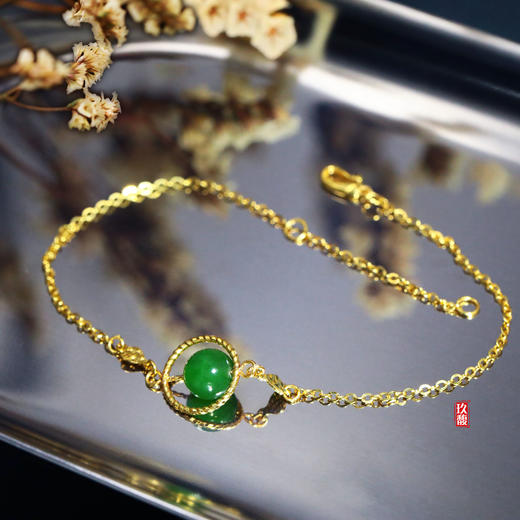 5D足金和田玉（碧玉）手链     玉珠直径6mm/16+3cm 商品图0