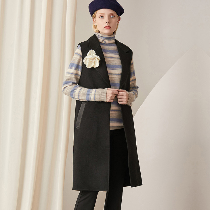 羊毛呢外套翻领压织带撞色系带中长女无袖双面呢大衣18252adz184