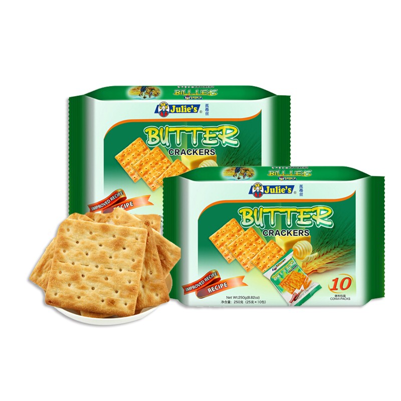 JULIE'S/茱蒂丝 奶油苏打饼干 250G*2 「茱蒂丝」此次带来「奶油苏打饼干」和「奶油脆脆饼」两种口味的奶油饼干,其精选优质健康的食材,烘焙出舌尖上不忘的味道;香浓的奶油饼干带来舒适的满