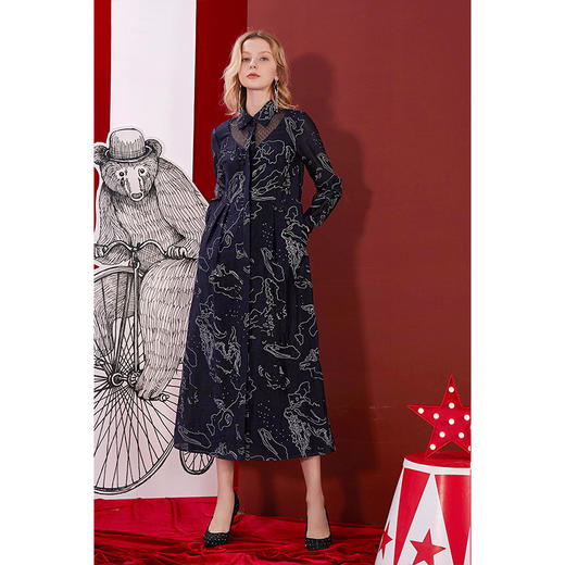 深蓝花草图亚麻混纺直身长裙 商品图1