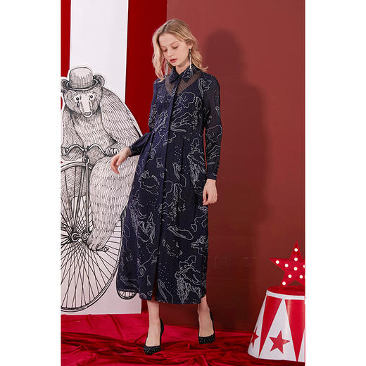 深蓝花草图亚麻混纺直身长裙 商品图3