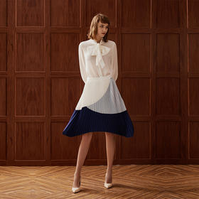 皇家蓝不规则拼接压褶半裙