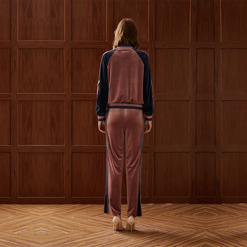 粉蓝撞色休闲丝绒长裤