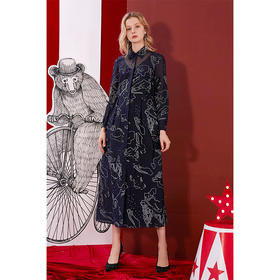 深蓝花草图亚麻混纺直身长裙