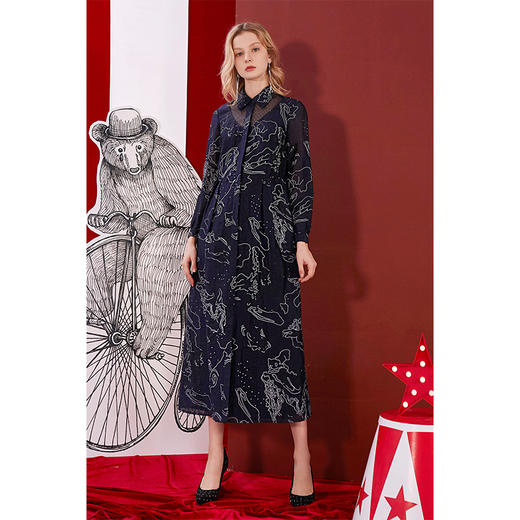 深蓝花草图亚麻混纺直身长裙 商品图0