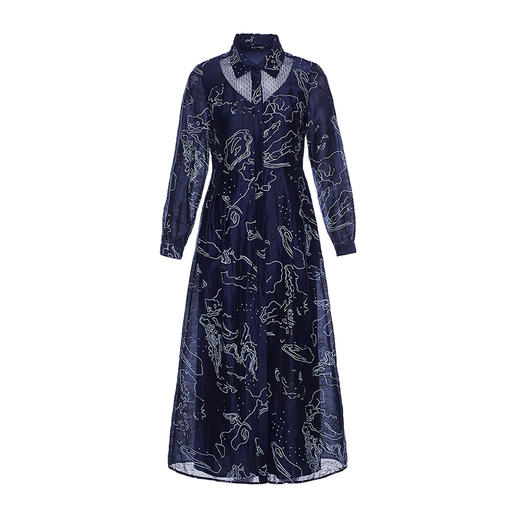 深蓝花草图亚麻混纺直身长裙 商品图4