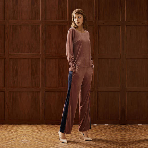 粉蓝撞色休闲丝绒长裤 商品图3