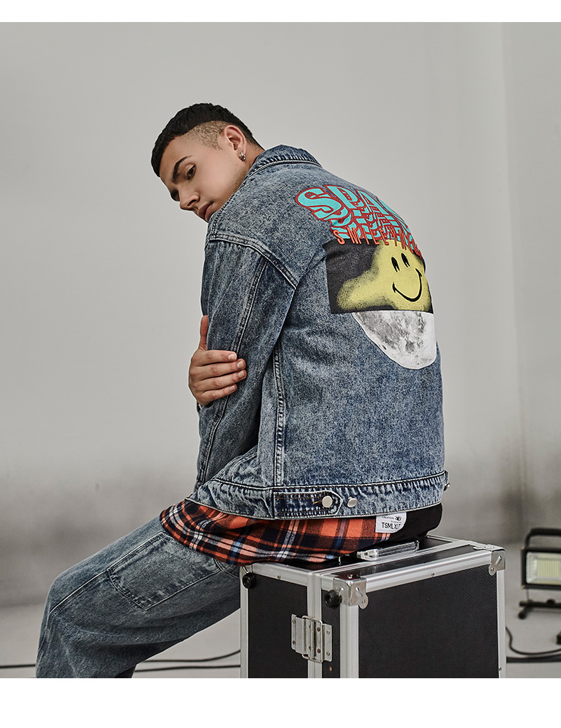 tt smiley联名 国潮牌笑脸复古牛仔外套男宽松时尚嘻哈情侣外套bf
