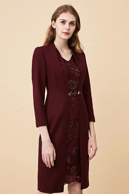 皮尔卡丹女装2019秋季新款酒红色长袖v领羊毛连衣裙假两件包臀裙p83dl