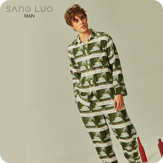 潮范汽车印花睡衣套装SANGLUO桑罗春休闲衬衫式桑蚕丝睡衣男 商品图1
