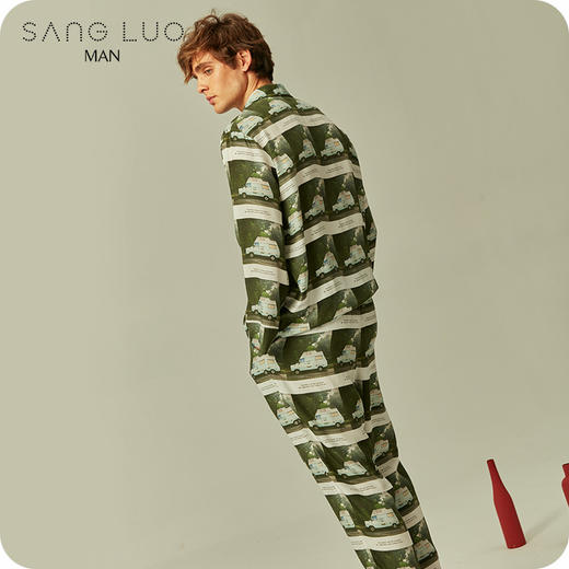 潮范汽车印花睡衣套装SANGLUO桑罗春休闲衬衫式桑蚕丝睡衣男 商品图2