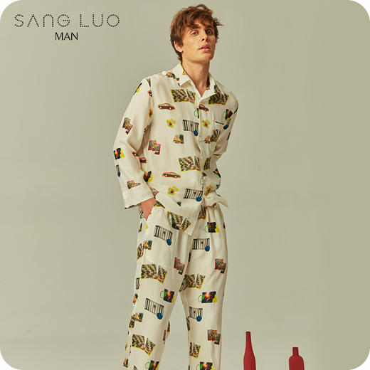 潮范汽车印花睡衣套装SANGLUO桑罗春休闲衬衫式桑蚕丝睡衣男 商品图0