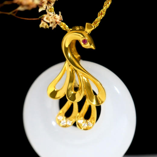 18K黄金和田玉（白玉）镶钻吊坠--有凤来仪 高低扣直径20mm 商品图1