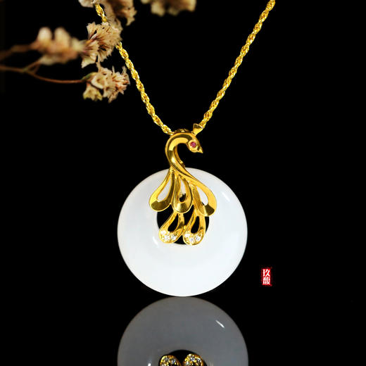 18K黄金和田玉（白玉）镶钻吊坠--有凤来仪 高低扣直径20mm 商品图0