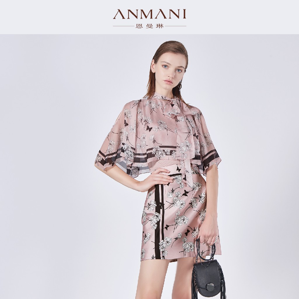 anmani/恩曼琳 立领蝴蝶结绑带印花雪纺拼接针织衫女雪纺衫l3064617