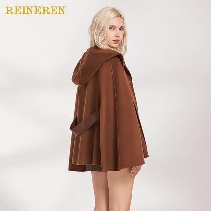 咖啡色连帽羊皮腰带短款披风 商品图3