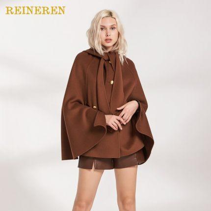 咖啡色连帽羊皮腰带短款披风 商品图1