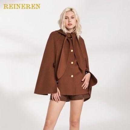 咖啡色连帽羊皮腰带短款披风 商品图0