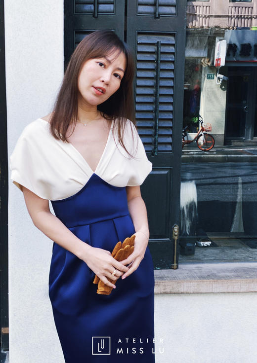 AtelierMissLu / Serafina-典雅蓝白拼色收腰修身裙 商品图6