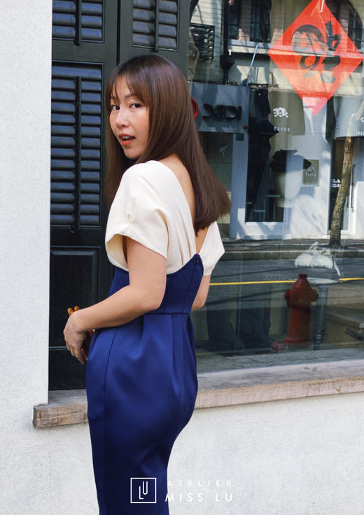 AtelierMissLu / Serafina-典雅蓝白拼色收腰修身裙 商品图2
