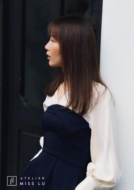 AtelierMissLu / Estrella-典雅蓝白拼色收腰修身裙 商品图2