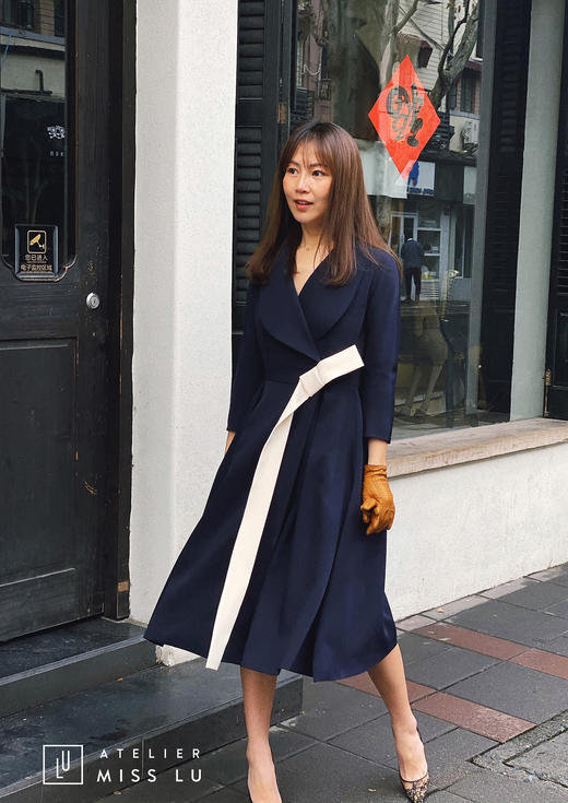 AtelierMissLu /Victoria-优雅藏青色系带翻领外套 商品图7
