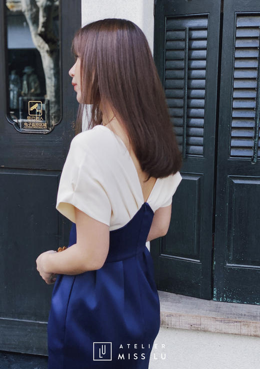 AtelierMissLu / Serafina-典雅蓝白拼色收腰修身裙 商品图7