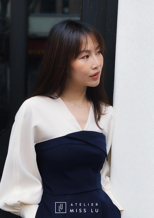 AtelierMissLu / Estrella-典雅蓝白拼色收腰修身裙 商品图3