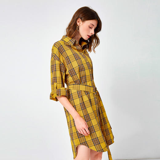 61919190 诺曼琦女装时尚格子长袖连衣裙2019春秋系带高腰显瘦中长款