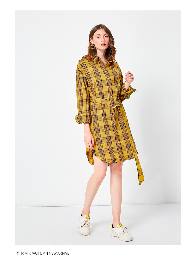 61919190 诺曼琦女装时尚格子长袖连衣裙2019春秋系带高腰显瘦中长款