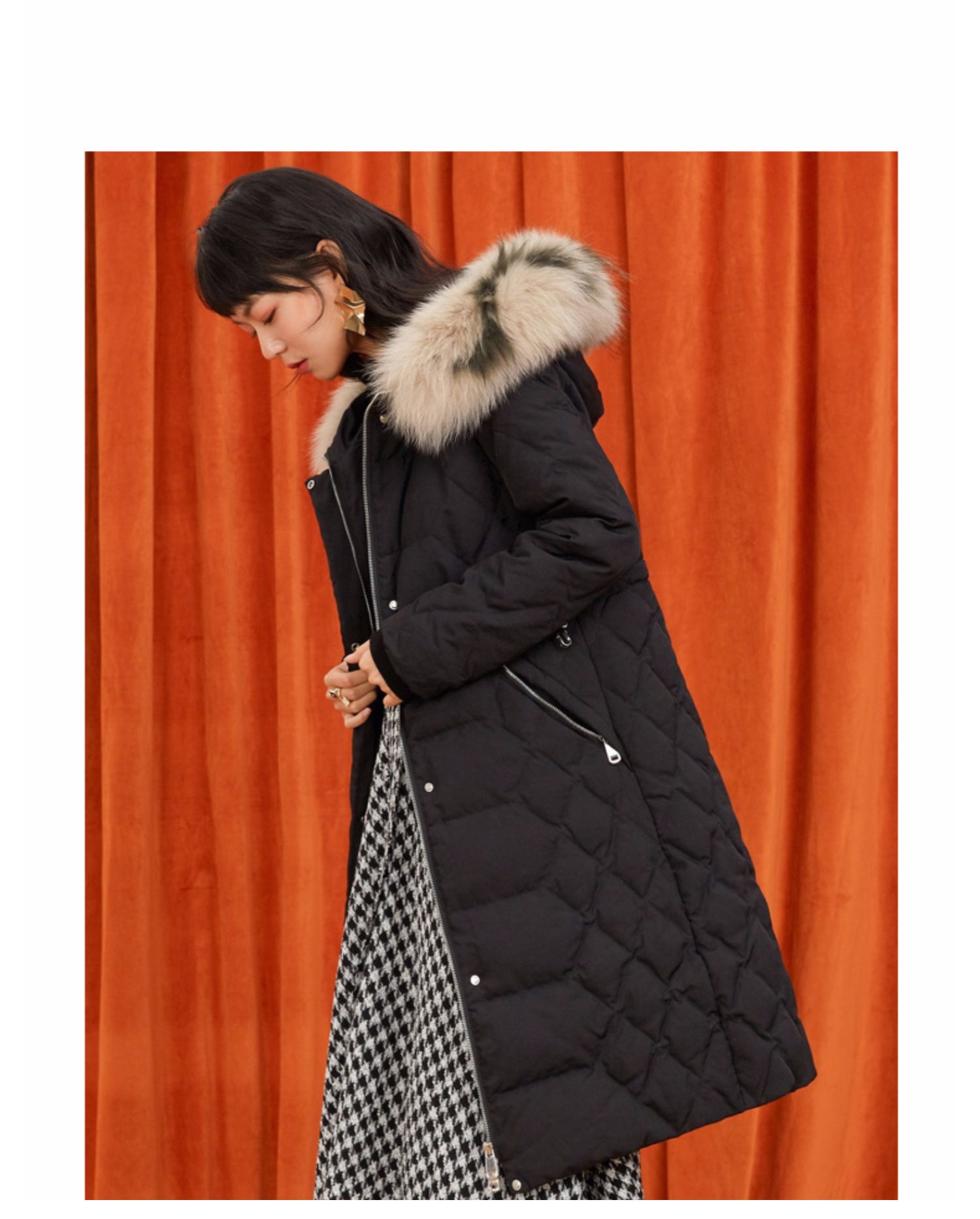 gcrues羽绒服女中长款加厚大毛领冬新款不规则格纹白鸭绒外套g1d09a