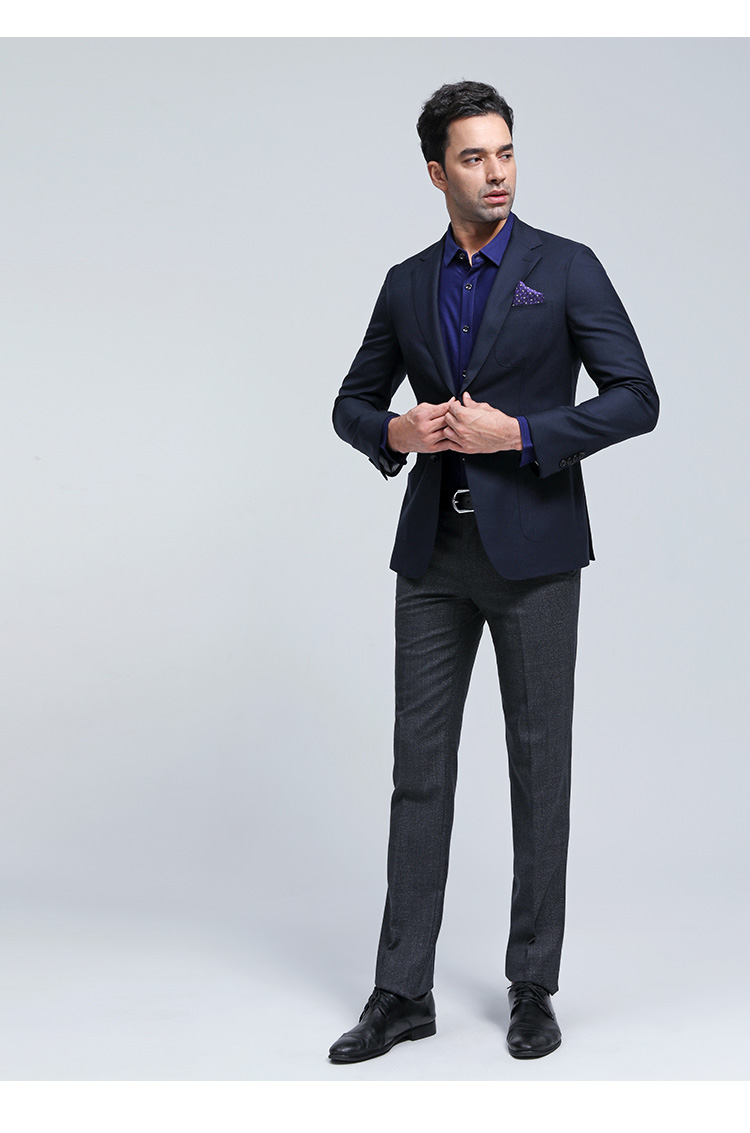 顺美男装 蓝色男士时尚休闲平驳领两粒扣双开衩纯羊