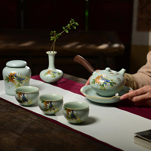 【成艺】【清雅凝香天青全组】汝窑功夫茶具套装趴花工艺茶壶茶杯套装家用送礼整套仿宋汝瓷开片 商品图2